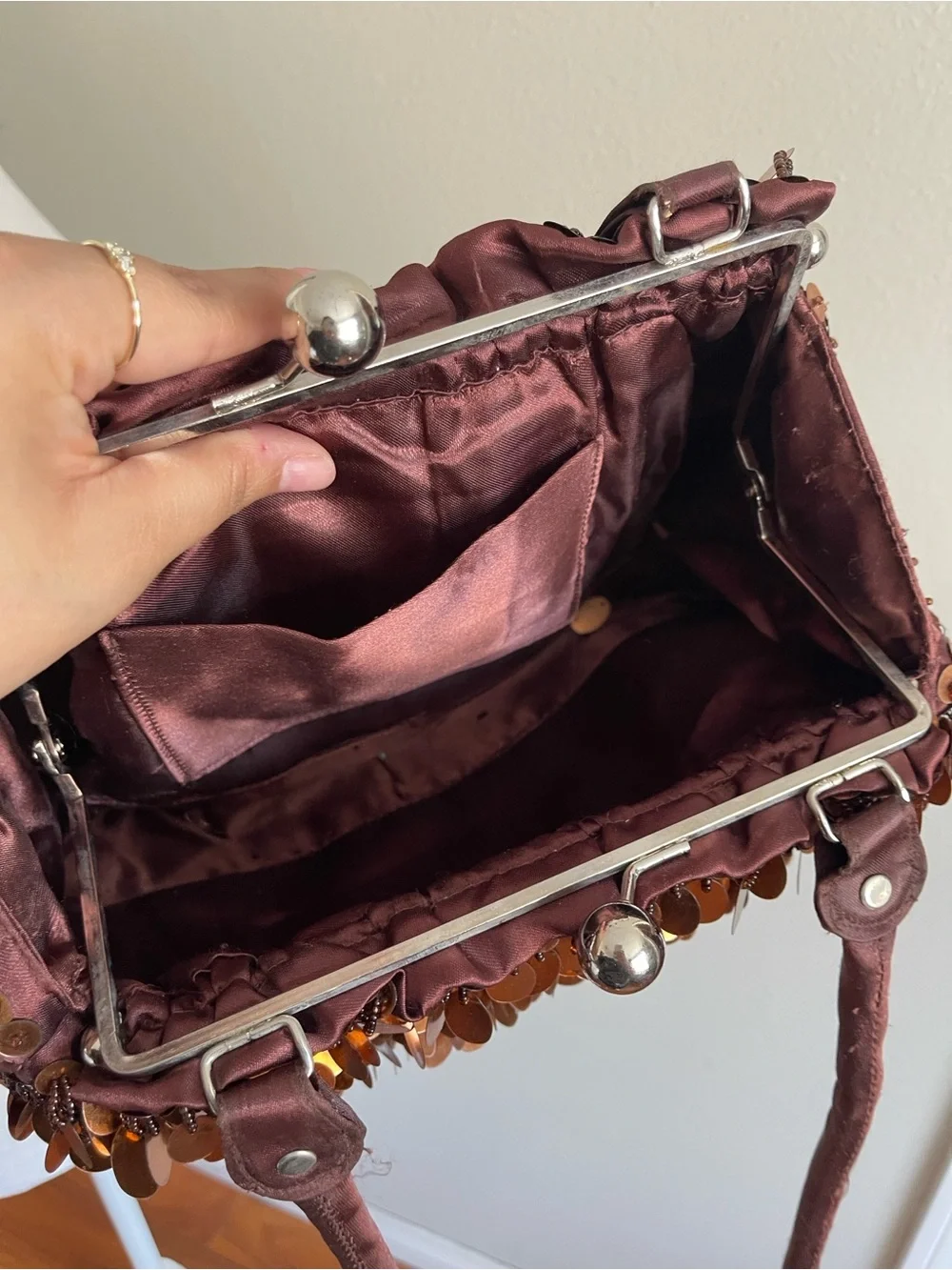 Sequined Brown Evening Handbag with Top Handle